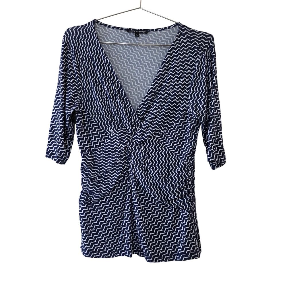 Cable & Gauge Navy White Geometric Twist Front Tunic Top Womens Size M